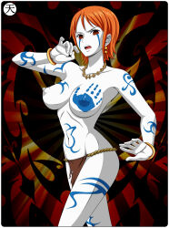 absurdres body_paint breasts dancing empty_eyes female_only femsub large_breasts nami_(one_piece) navel one_piece orange_hair short_hair solo tenzen topless white_skin