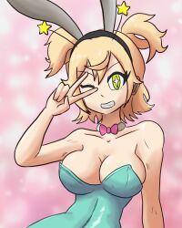 bappy_(hypnolandom) blonde_hair bunny_ears bunny_girl bunnysuit celtie_(world_flipper) fake_animal_ears female_only femsub looking_at_viewer mythkaz original possession short_hair tagme wink world_flipper