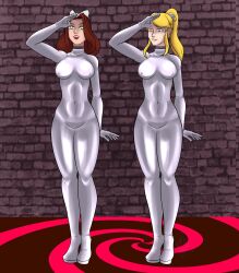 absurdres bodysuit collar empty_eyes female_only femsub graybot happy_trance katsiika saluting standing standing_at_attention tech_control