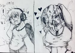bimbofication brain_drain breast_expansion breasts cleavage dazed empty_eyes female_only greyscale headphones huge_breasts hypnotic_audio inkbean large_breasts long_hair music original short_hair sketch tech_control text traditional transformation