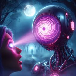 ai_art dazed femsub forest glowing_eyes long_hair misstranci_(generator) monitor open_mouth outdoors pink_hair robot spiral spiral_eyes tech_control