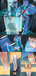 absurdres blue_hair breasts brown_hair cleavage comic femdom glowing glowing_eyes ibenz009 large_breasts long_hair malesub original short_hair tech_control text transformation tron twintails