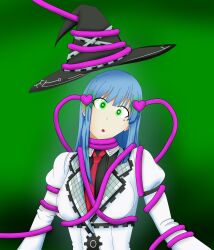  blue_hair coils dazed femsub heart_eyes hyperdimension_neptunia large_breasts long_hair mages_(hyperdimension_neptunia) open_mouth shrunken_irises soex tagme tentacles tie witch_hat 
