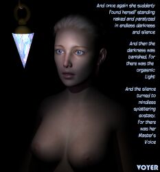3d blonde_hair blue_eyes breasts crystal expressionless female_only femsub glowing open_mouth original pendulum solo text topless voyer