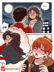  absurdres aura black_hair blush brown_hair closed_eyes clothed comic dark_skin femdom femsub from_behind heterosexual iruean jacket jean_grey kissing long_hair marvel_comics mary_jane_watson night orange_hair outdoors peter_parker possession psychic short_hair speech_bubble spider-man spider-man:_brand_new_day spider-man_(series) spiral_eyes super_hero surprised sweat x-men 