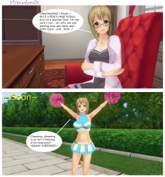 3d bare_shoulders before_and_after breasts brown_hair cheerleader comic custom_maid_3d_2 dialogue empty_eyes female_only femsub glasses happy_trance hypnolordx large_breasts long_hair ms._may_(hypnolordx) open_mouth original skirt smile teacher text
