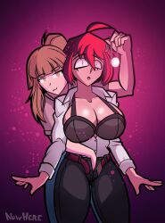 bra breasts brown_hair coin female_only femdom femsub fingering huge_breasts hypnotic_light large_breasts latina nowhere open_clothes open_shirt original pendulum phoebe_(nowhere) red_hair yuri zara_(kronobas28)