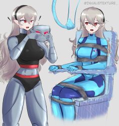 bangs bodysuit chair corrin_(fire_emblem) cosplay disney elf_ears female_only femsub fire_emblem fire_emblem_fates grey_hair grey_skin hair_band headband kim_possible_(series) light_skin mask metroid_(series) midriff nintendo open_mouth red_eyes resisting restrained robotization simple_background sitting spiral_eyes standing surprised the_bebes transparenttexture zero_suit 