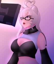  absurdres ahoge animal_ears arm_warmers character_request cleavage drool empty_eyes female_only femsub glasses glowing gradient_background heterochromia hypnotic_screen kronobas28 long_hair midriff navel open_mouth orange_eyes purple_eyes signature simple_background solo tank_top white_hair 