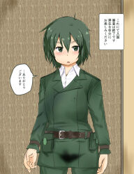 androgynous blush cacaodecocoa clothed female_only femsub flat_chest green_hair kino kino_no_tabi_the_beautiful_world military_uniform short_hair solo text translation_request unaware