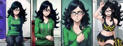 abs ai_art armpits black_hair cheerleader comic curly_hair empty_eyes expressionless femsub glasses green_eyes hoodie jeans locker_room long_hair miniskirt open_mouth sitting small_breasts smile standing tagme taylor_hebert thighhighs worm_(series) 