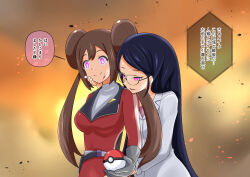 betrayal black_hair blood breasts brown_hair corruption dialogue double_hair_bun empty_eyes enemy_conversion evil_smile female_only femdom gloves glowing_eyes hair_buns hand_on_another&#039;s_cheek happy_trance lab_coat long_hair na_shacho pink_eyes pokeball pokemon pokemon_black_and_white_2 rosa_(pokemon) scientist scientist_(pokemon) smile text twintails