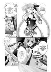  artist_request bottomless breasts comic empty_eyes fate_testarossa female_only hard_translated large_breasts magical_girl_lyrical_nanoha monochrome nanoha_takamachi nude spread_legs tagme text topless translated yuri 