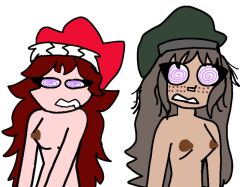    breasts breasts_outside brown_hair charlie_(msmysterious) drool female_only femsub friday_night_funkin&#039; girlfriend_(friday_night_funkin&#039;) hat lullaby_girlfriend msmysterious multiple_girls nude original simple_background spiral_eyes tan_skin unaware 