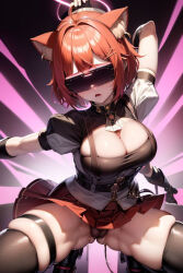 ahoge ai_art animal_ears arms_above_head blush boots cameltoe cleavage corruption dead_source demon_lilium_(generator) female_only femsub garter gloves harness large_breasts nijisanji open_mouth orange_hair pussy_juice ratna_petit short_hair skirt solo spread_legs squatting tech_control thick_thighs thighhighs underwear virtual_youtuber visor
