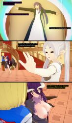  3d albedo_(overlord) android_18 blonde_hair breasts breasts_outside crossover cyanstargazer dialogue dragon_ball dragon_ball_z elf elf_ears empty_eyes english_text female_only femsub fern_(frieren:_beyond_journey's_end) frieren frieren:_beyond_journey's_end happy_trance horns koikatsu! large_breasts long_hair maid multiple_girls multiple_subs nipples one_eye_open overlord purple_hair short_hair text twintails white_hair wings 