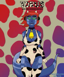  absurdres alien alien_girl blue_skin breasts clothed collar cow_girl cow_print cowbell female_only femsub gloves green_sclera happy_trance headphones horns kassidy_(medrifogmatio) large_breasts latex leotard lizard_girl original red_hair short_hair shrunken_irises smile solo tail tech_control temperancedraws text thighhighs 