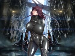  bodysuit breast_grab breasts brown_hair bunny_ears claws drone erect_nipples erect_nipples_under_clothes game_cg gloves huge_breasts latex looking_at_viewer milf mizuki_shiranui red_eyes ribbon rubber rubber_woman_(taimanin) short_hair taimanin_(series) taimanin_yukikaze thick_thighs tight_clothing weapon 