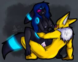 atticus blue_hair blush breasts cum discolored_nipples femsub furry glasses glowing glowing_eyes hypno large_breasts maledom nintendo nipples open_mouth original penis pokemon sex sweat thepipefox therapist umbreon vaginal