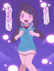 blue_hair chicken_pose female_only femsub guratan hair_ornament happy_trance hoodie japanese_text liko_(pokemon) long_hair mochi_dance nintendo open_mouth pink_eyes pokemon pokemon_(anime) smile solo text