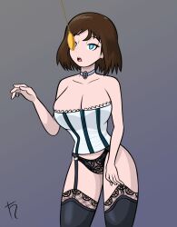  animated animated_gif bioshock_infinite blue_eyes breasts brown_hair choker cleavage clothed corset dazed elizabeth_comstock empty_eyes expressionless female_only femsub garter_belt grey_background harvestman_here large_breasts lingerie pendulum short_hair signature solo thighhighs 