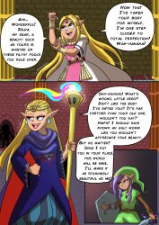 a_link_between_worlds alternate_costume angry belt blonde_hair blue_eyes cape comic corruption cosplay dark_skin dialogue dress earrings elf_ears english_text evil_smile eyeshadow femsub glowing happy_trance hat hexside hypnotized_dom jewelry link lipstick long_hair magic makeup maledom nintendo possession princess_hilda princess_zelda purple_hair red_eyes smile speech_bubble staff sword text the_legend_of_zelda unhappy_trance yuga