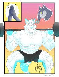 abs bike_shorts blush clapping confused exercise flexing furry gym gym_uniform himbo himbofication male_only malesub monstermels muscle_boy original spiral_eyes surprised symbol_in_eyes topless trance_break weightlifting