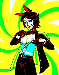  animal_ears belt black_hair blue_eyes breasts cleavage cleavage_cutout clothed fuji_kiseki horse_girl hypnotic_breasts jacket looking_at_viewer no_bra pants pov pov_sub sarah_succubus smile smug solo spiral_background suit t-shirt tie uma_musume yellow_background 