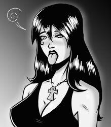  animated animated_gif black_hair black_lipstick blush breasts cleavage death_(the_sandman) drool female_only femsub goth greyscale large_breasts lipstick long_hair open_mouth pale_skin polmanning ring_eyes spiral_eyes symbol_in_eyes tank_top the_sandman tongue tongue_out western 