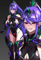  alternate_costume alternate_hair_color bare_shoulders blush boots cleavage crotch_tattoo cuffs earrings empty_eyes female_only femsub gloves gradient_background grey_background hair_ornament happy_trance huge_breasts leotard lipstick looking_at_viewer makeup miyashiro_ryuutarou nintendo open_mouth opera_gloves pink_eyes pink_lipstick pneuma_(xenoblade) ponytail purple_hair simple_background smile standing thigh_boots thighhighs tubes underboob xenoblade_chronicles xenoblade_chronicles_2 