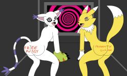 ass ass_focus body_writing bottomless breasts dancing digimon digimon_adventure digimon_tamers female_only femsub furry gatomon happy_trance liquidphazon multiple_girls multiple_subs nude open_mouth renamon spiral spiral_eyes symbol_in_eyes tattoo text tongue tongue_out topless twerk