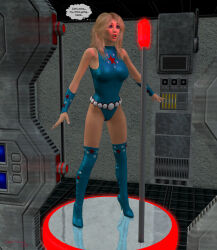  3d belt blonde_hair boots dazed earrings femsub glowing lady_liberty_(ladytania) ladytania leotard lipstick long_hair nail_polish open_mouth original speech_bubble standing standing_at_attention super_hero text 
