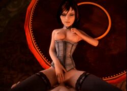  3d animated animated_gif bioshock bioshock_infinite blue_eyes bottomless breasts brown_hair choker cleavage corset elizabeth_comstock ellowas femsub happy_trance large_breasts lingerie magic maledom nude open_clothes open_mouth penis pov pov_dom sex short_hair smile thighhighs topless underwear vaginal 