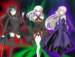  absurdres alternate_costume alternate_hairstyle artoria_pendragon aura bare_legs black_hair black_sclera blonde_hair blue_eyes breasts brother_and_sister cleavage clothed corruption crystal dark_sakura dress evil_smile eye_color_change fate/stay_night fate/stay_night_heaven's_feel fate_(series) femsub hair_color_change kirei_kotomine legs maledom possession rin_tohsaka saber_alter sakura_matou shinji_matou skirt smile thighhighs white_eyes white_hair yellow_eyes yurale zouken_matou 