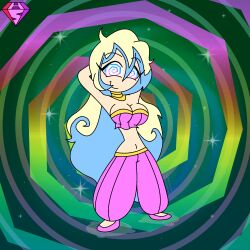  ahoge arms_above_head bare_shoulders collar dancer dancing eyebrows_visible_through_hair eyelashes femdom green_background gurren_lagann harem_outfit hypnoscream large_breasts looking_at_viewer midriff multicolored_eyes multicolored_hair navel nia_teppelin pov_sub ring_background smile spiral_background spiralwash_eyes story very_long_hair 