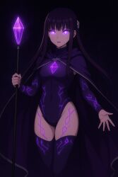 ai_art cape corruption crystal fern_(frieren:_beyond_journey&#039;s_end) frieren:_beyond_journey&#039;s_end glowing_eyes johntrent05_(generator) leotard magic staff