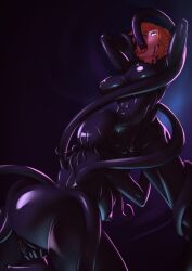  absurdres bodysuit breasts corruption cunnilingus drool eye_roll female_only femdom femsub fingering glowing glowing_eyes john_doe large_breasts latex open_mouth oral orange_hair original short_hair tentacle_in_mouth tentacles tongue tongue_out yuri 