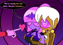  alien alien_girl bare_shoulders charm_(spell) cleavage cyclops earrings english_text expressionless eyebrows_visible_through_hair eyelashes femsub freckles groping heart heart_eyes hourli_(hypnoscream) hypno-scream_(hypnoscream) hypnoscream hypnotic_fingers large_breasts multiple_girls open_mouth orange_skin original pink_hair ponytail purple_skin queen_kathryst_(hypnoscream) ring_background shiny_hair short_hair simple_background speech_bubble straight-cut_bangs sub_on_sub white_hair 