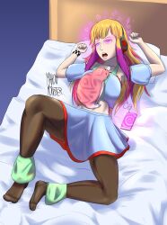  bangs bed blonde_hair bracelet cell_phone collarbone crop_top danger!?_tsuchinoko? femsub glowing_eyes headphones heavy_eyelids hypnotic_accessory hypnotic_audio large_breasts leg_warmers long_hair lying mahoumonsterart on_back open_mouth original pantyhose purple_hair red_hair shirt signature skirt snake sparkle spiral spread_legs straight-cut_bangs symbol_in_eyes tech_control tsuch vi_(vynil) wires yu-gi-oh! 