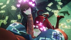  ann_takamaki ball_sucking balls blonde_hair brown_hair charm_(spell) defeated fellatio femsub heart huge_cock makoto_niijima maledom monster multiple_subs oni_boy oral penis persona_(series) persona_5 short_hair size_difference twintails uriziel38 