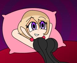 aged_up arms_above_head bare_shoulders bed blonde_hair earrings empty_eyes eyebrows_visible_through_hair eyelashes femsub happy_trance hypnoscream large_breasts lying nintendo pillow pink_eyes pokemon pokemon_(anime) serena shiny_hair short_hair simple_background smile solo