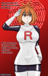  brigette_(pokemon) dress empty_eyes female_only gloves leggings nintendo orange_hair pokemon saluting short_hair spiral team_rocket text usakiki 