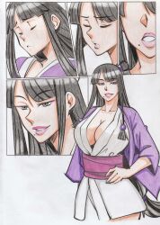 absurdres ace_attorney age_progression ayayanagisawa black_hair breast_expansion breasts cleavage consensual femsub large_breasts large_lips lip_expansion makeup maya_fey mia_fey mole pink_lipstick possession seductive_smile