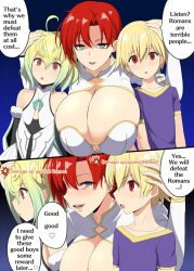 ahoge blonde_hair boudica_(fate/grand_order) breasts cleavage comic empty_eyes english_text evil_smile fate/grand_order fate_(series) femdom gameplay_mechanics gilgamesh green_eyes hand_on_head hard_translated heart huge_breasts kloah large_breasts malesub multicolored_hair paris_(fate/grand_order) red_eyes red_hair shota simple_background smile speech_bubble text translated unfocused_eyes