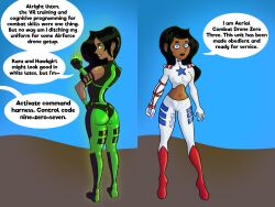  ass avabluecat before_and_after black_hair blue_eyes breasts dark_skin dc_comics dialogue female_only femsub green_eyes green_lantern_(series) jessica_cruz latex long_hair midriff navel open_mouth ring solo standing super_hero text 