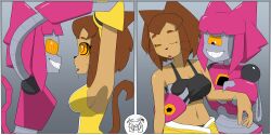  before_and_after breast_grab breasts brown_hair cat_ears cat_girl cat_tail cyclops drool evil_smile expressionless eye_roll fangs female_only femdom femsub gameoverse groping heavy_eyelids hypnotic_eyes kit_bodega_(gameoverse) large_breasts latina limp malice_(gameoverse) midriff navel open_mouth pink_hair restrained robot robot_girl sharp_teeth short_hair sleepy smile sobergin spiral spiral_eyes spiralwash_eyes surprised symbol_in_eyes tail tan_skin tank_top undressing yellow_sclera yuri 