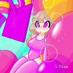 balloon blush brown_hair bubble drool fabius freckles hypnotic_screen inflatable large_breasts large_hips latex original pink_eyes pixel_art video