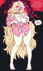 bimbofication blonde_hair blush breasts breasts_outside charlie_(hazbin_hotel) clothed clothed_exposure dialogue english_text femsub happy_trance hazbin_hotel heart heart_eyes hypnotic_smoke long_hair maledom nipples open_mouth pink_sclera prostitution robe smile speech_bubble symbol_in_eyes text tongue valentino wrenzephyr2