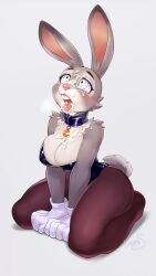  absurdres bunny_girl bunnysuit cleavage collar cum_in_mouth cum_on_body cum_on_face drool female_only femsub furry gloves grey_skin irumis_art judy_hopps kneeling large_breasts open_mouth pantyhose ring_eyes simple_background solo tongue tongue_out white_background zootopia 