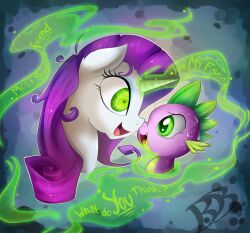 animals_only corruption curly_hair fangs femsub glowing glowing_eyes horse long_hair magic my_little_pony purple_hair rarity spike sweat text thenornonthego